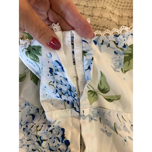 Floral Midi Dress Sz Large Blue White Cottagecore Sundress Lace Trim Smocked - Picture 9 of 11